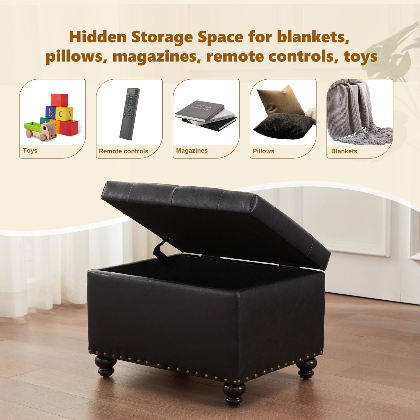 Panca contenitore imbottita, poggiapiedi rettangolare