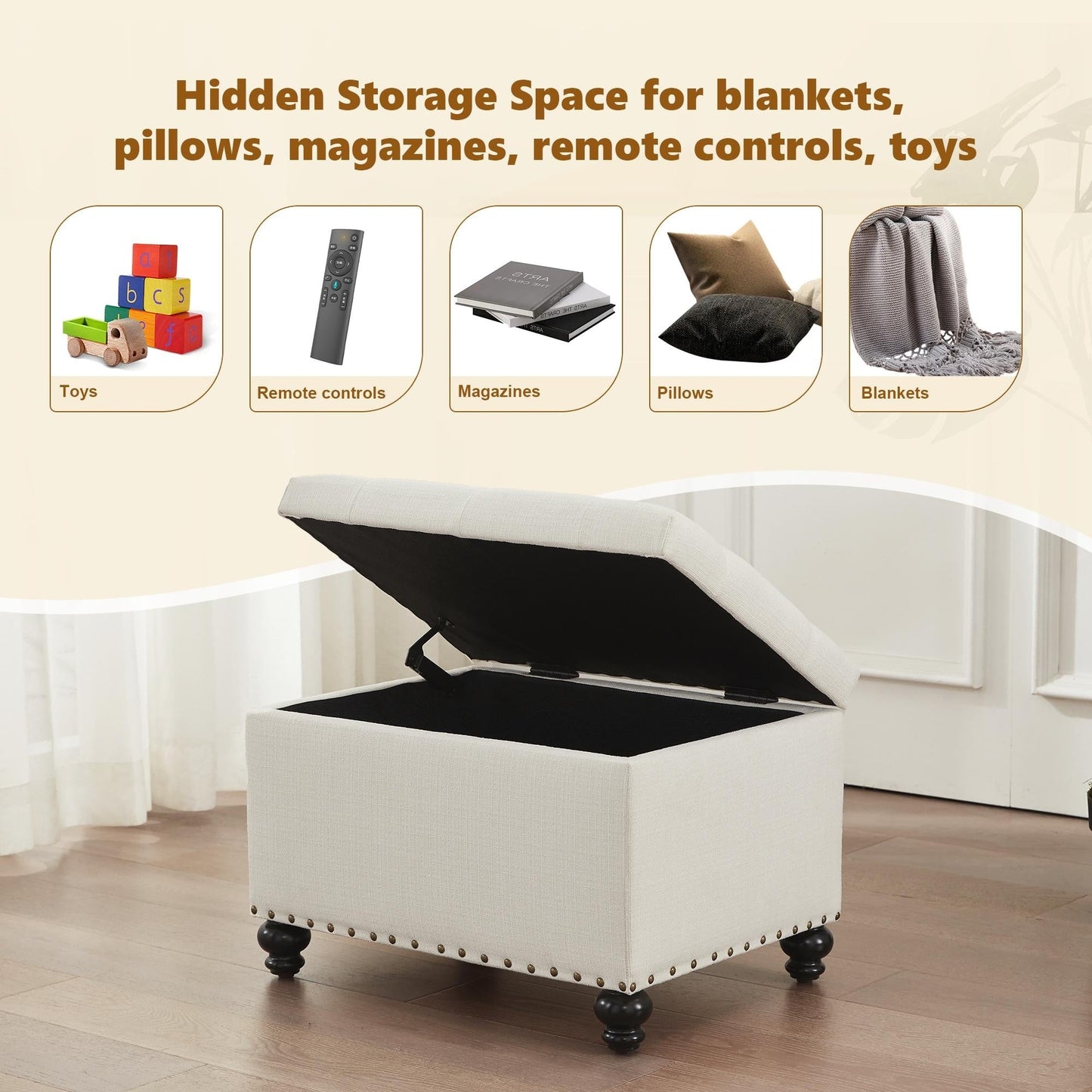 Panca contenitore imbottita, poggiapiedi rettangolare