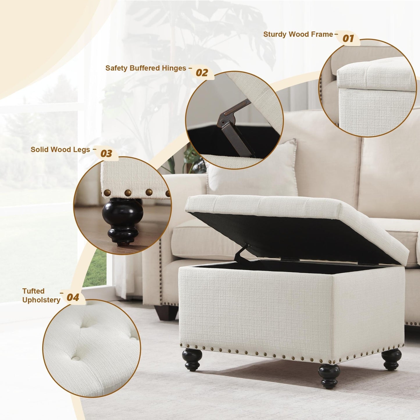 Panca contenitore imbottita, poggiapiedi rettangolare