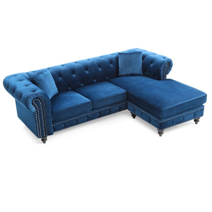 Divano componibile a 3 posti a L in velluto trapuntato con cuscini decorativi - 98 - Blu