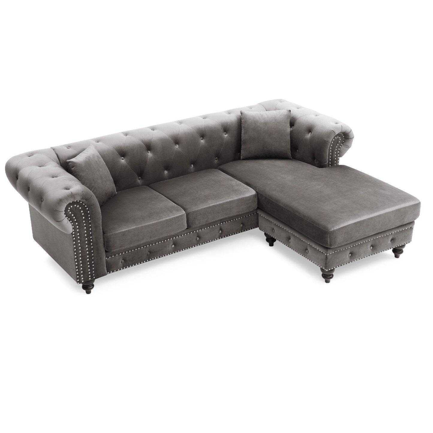 Divano componibile a 3 posti a L in velluto trapuntato con cuscini decorativi - 98 - Grigio scuro