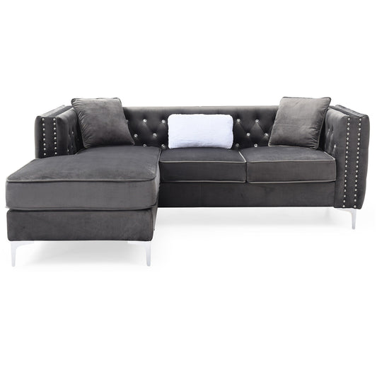 Divano a 3 posti a L in velluto trapuntato con cuscini decorativi - 87 - Grigio