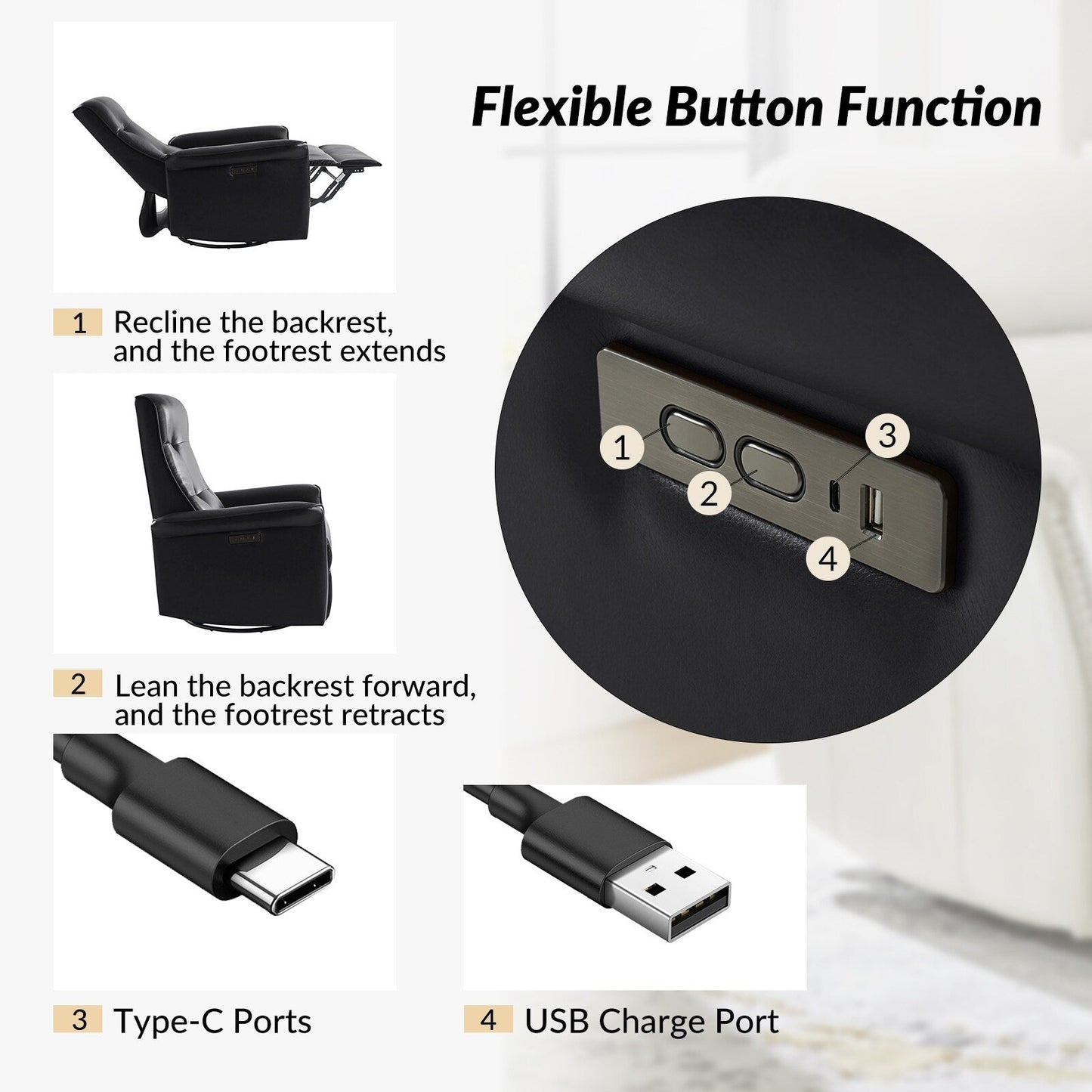 Poltrona reclinabile elettrica girevole Valentin Modern in similpelle con porte USB, set da 2 di HULALA HOME