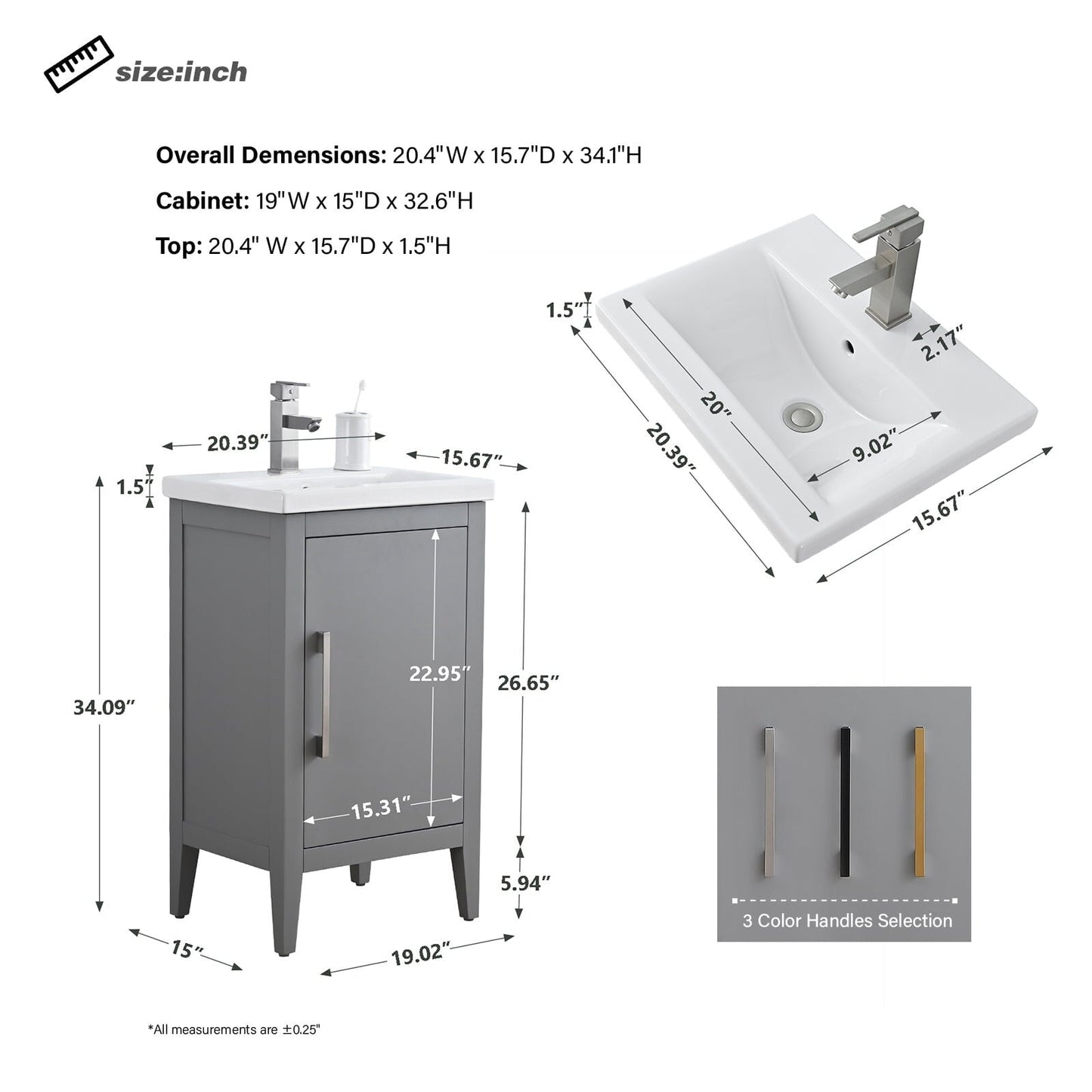 Mobiletto per lavabo da bagno Vanity Art 20 o 24 o 30 con piano in ceramica