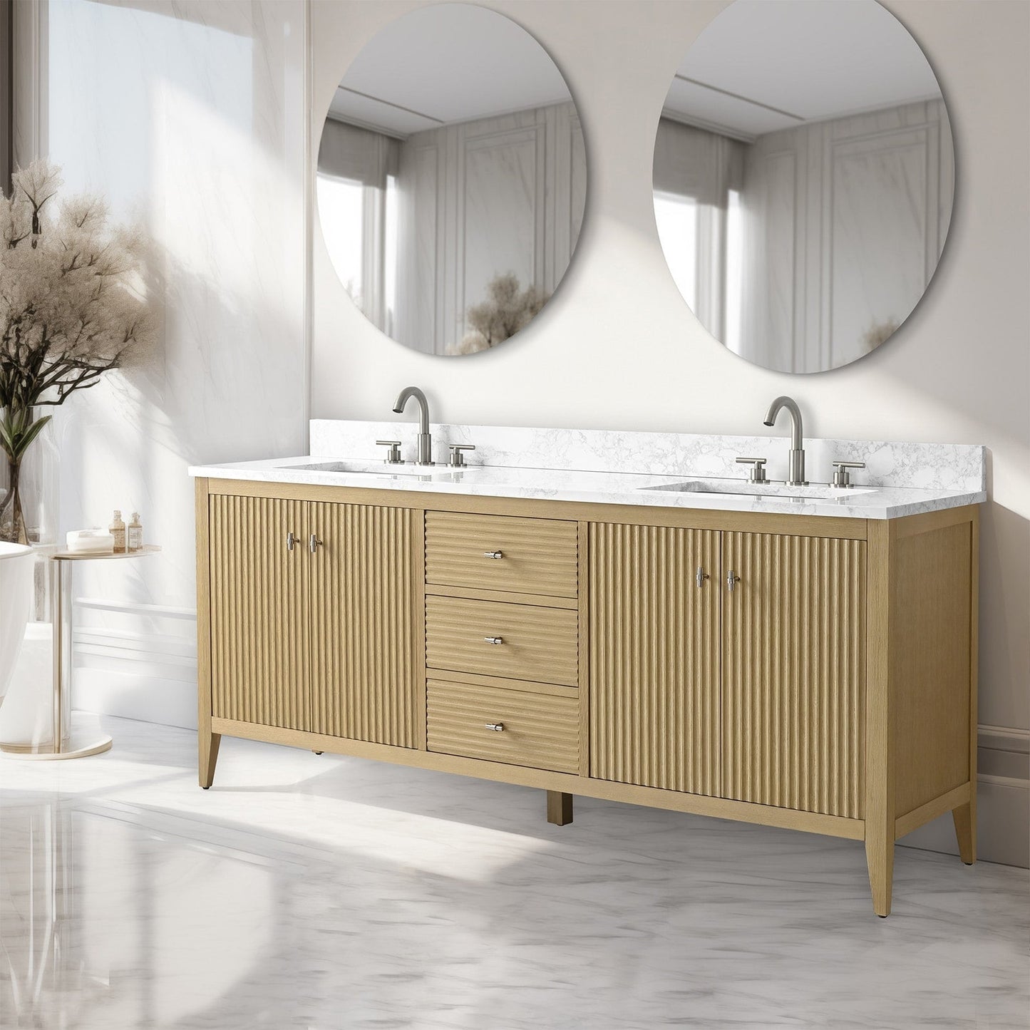 Mobiletto per lavabo da bagno Vanity Art 72 con doppio lavabo e piano in marmo ingegnerizzato