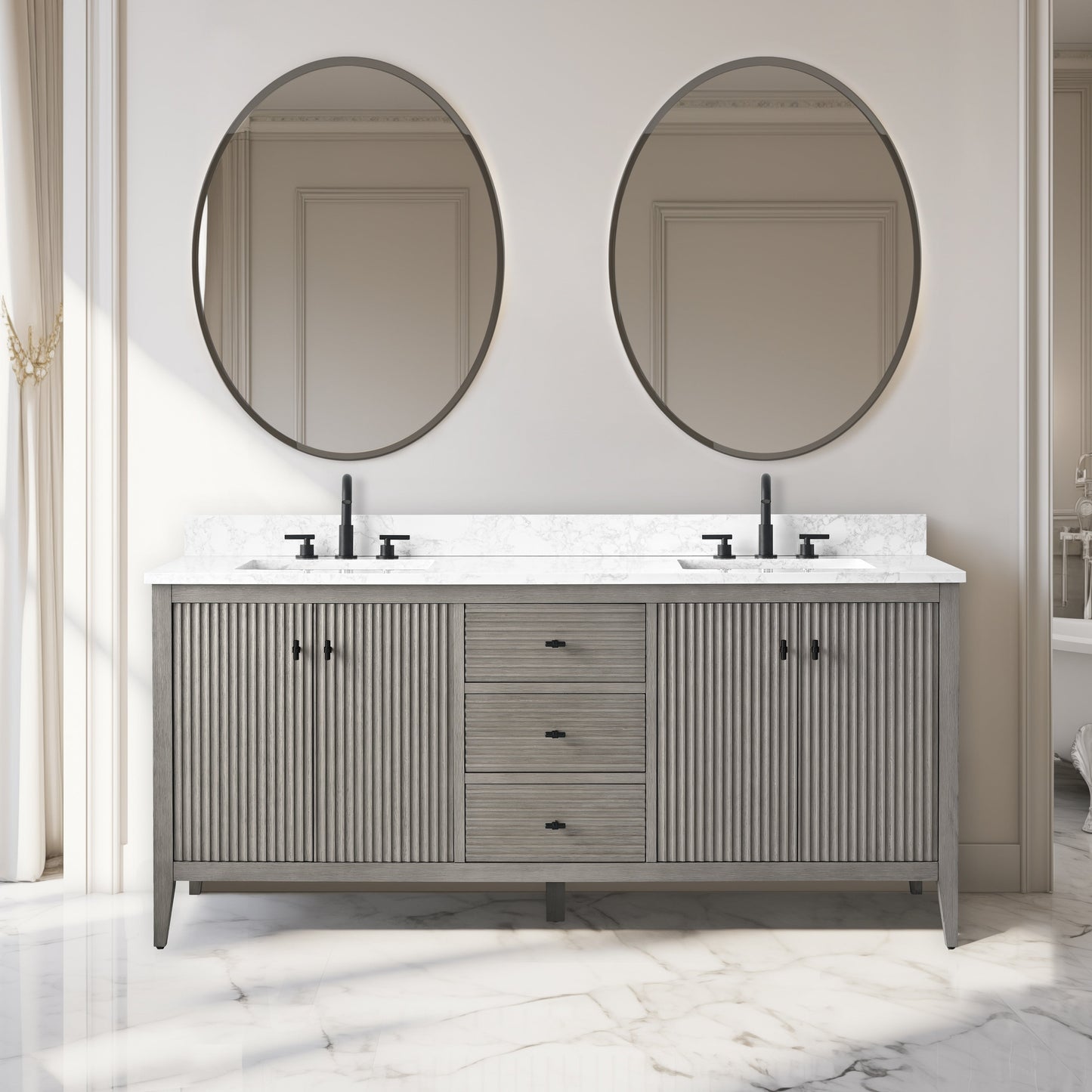 Mobiletto per lavabo da bagno Vanity Art 72 con doppio lavabo e piano in marmo ingegnerizzato