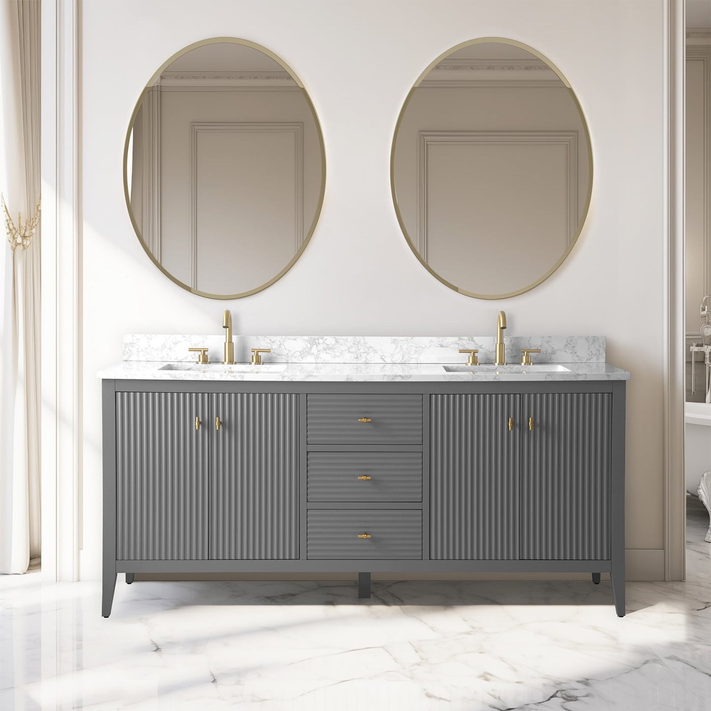 Mobiletto per lavabo da bagno Vanity Art 72 con doppio lavabo e piano in marmo ingegnerizzato