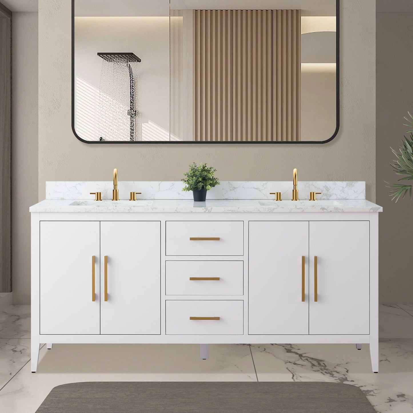 Mobiletto per lavabo da bagno Vanity Art 72 con doppio lavabo e piano in marmo ingegnerizzato