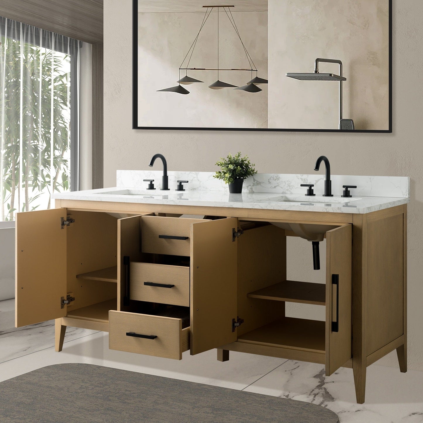 Mobiletto per lavabo da bagno Vanity Art 72 con doppio lavabo e piano in marmo ingegnerizzato