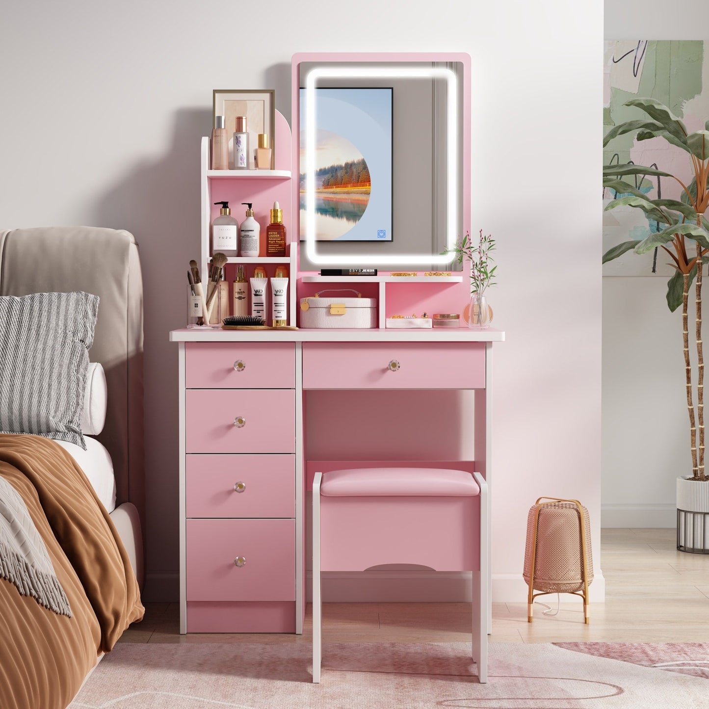 Set da toeletta con specchio e lampada, tavolo da trucco per la casa con sgabello