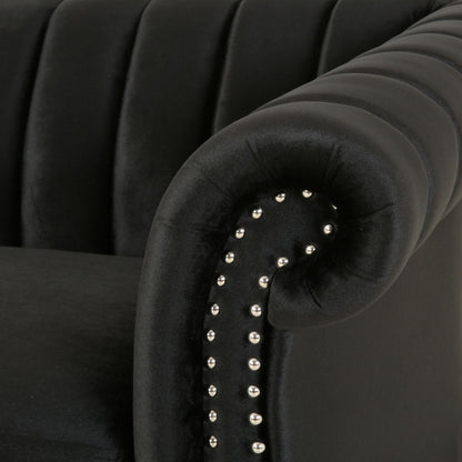 Divano a 3 posti in velluto con braccioli arrotolati e trapuntatura a bottoni