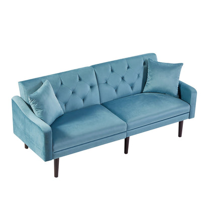 Divano letto a 3 posti in velluto con cuscini decorativi e struttura in legno