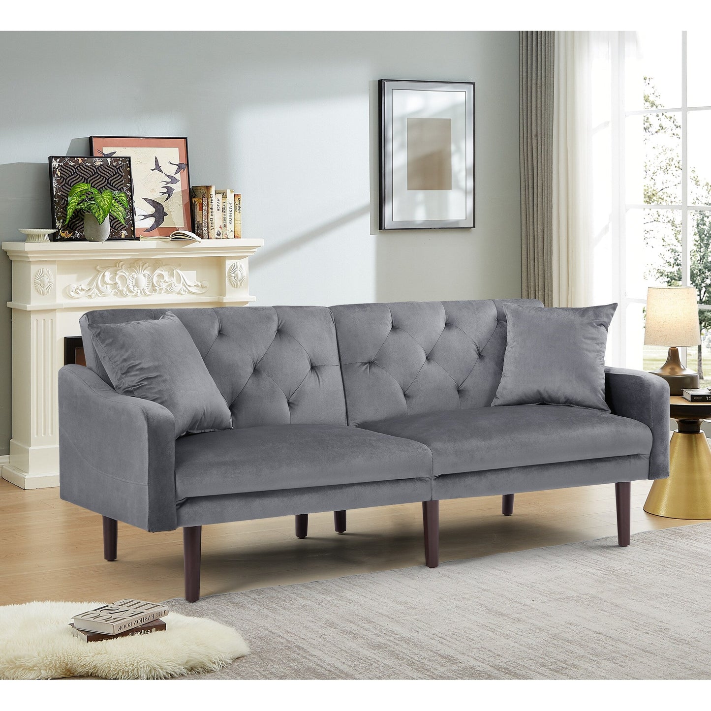 Divano letto a 3 posti in velluto con cuscini decorativi e struttura in legno