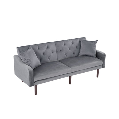 Divano letto a 3 posti in velluto con cuscini decorativi e struttura in legno