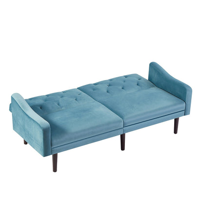 Divano letto a 3 posti in velluto con cuscini decorativi e struttura in legno