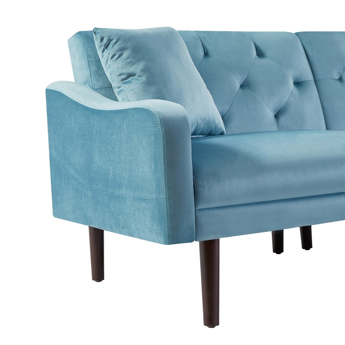 Divano letto a 3 posti in velluto con cuscini decorativi e struttura in legno