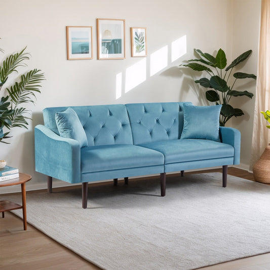 Divano letto a 3 posti in velluto con cuscini decorativi e struttura in legno