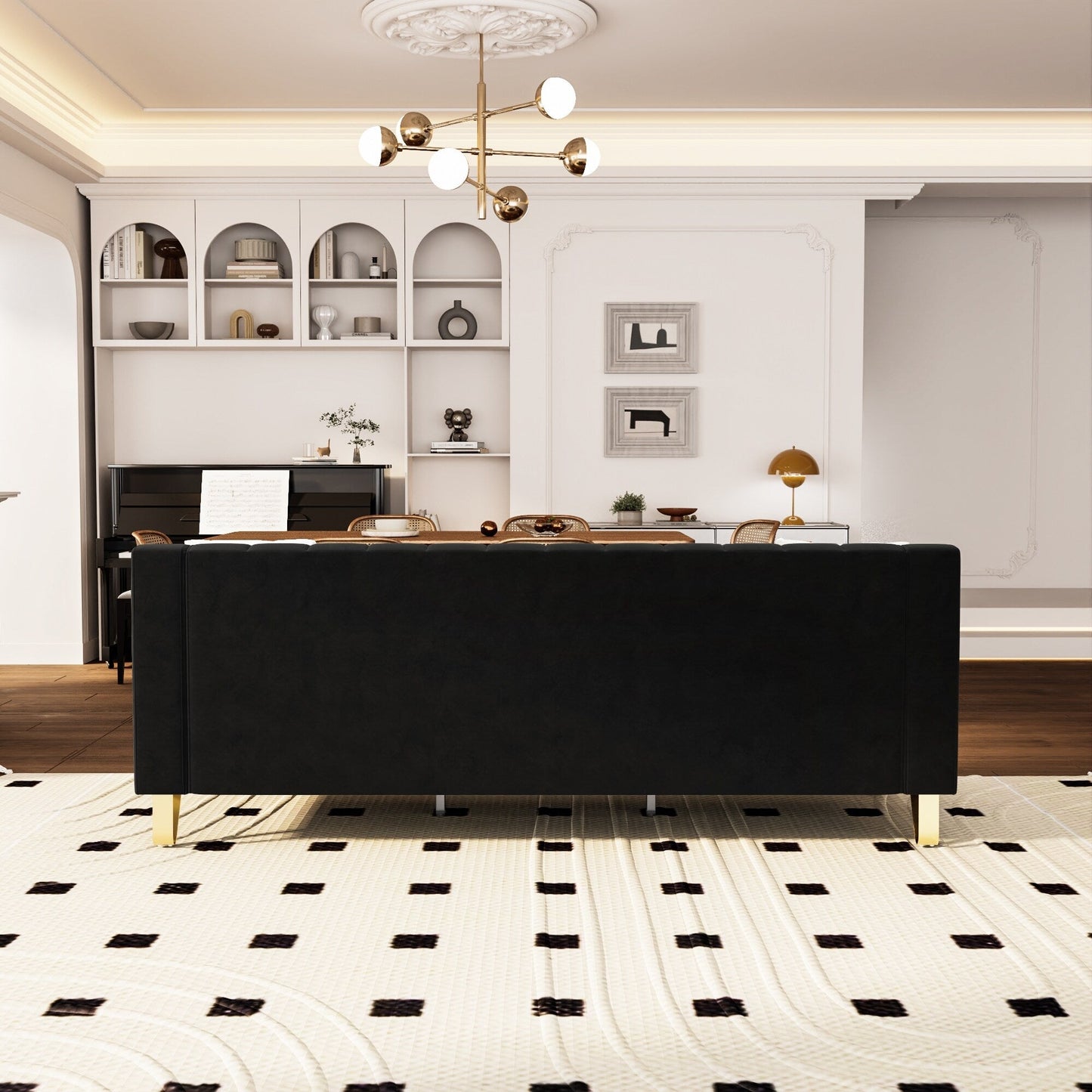 Divano a 3 posti in velluto con dettagli dorati