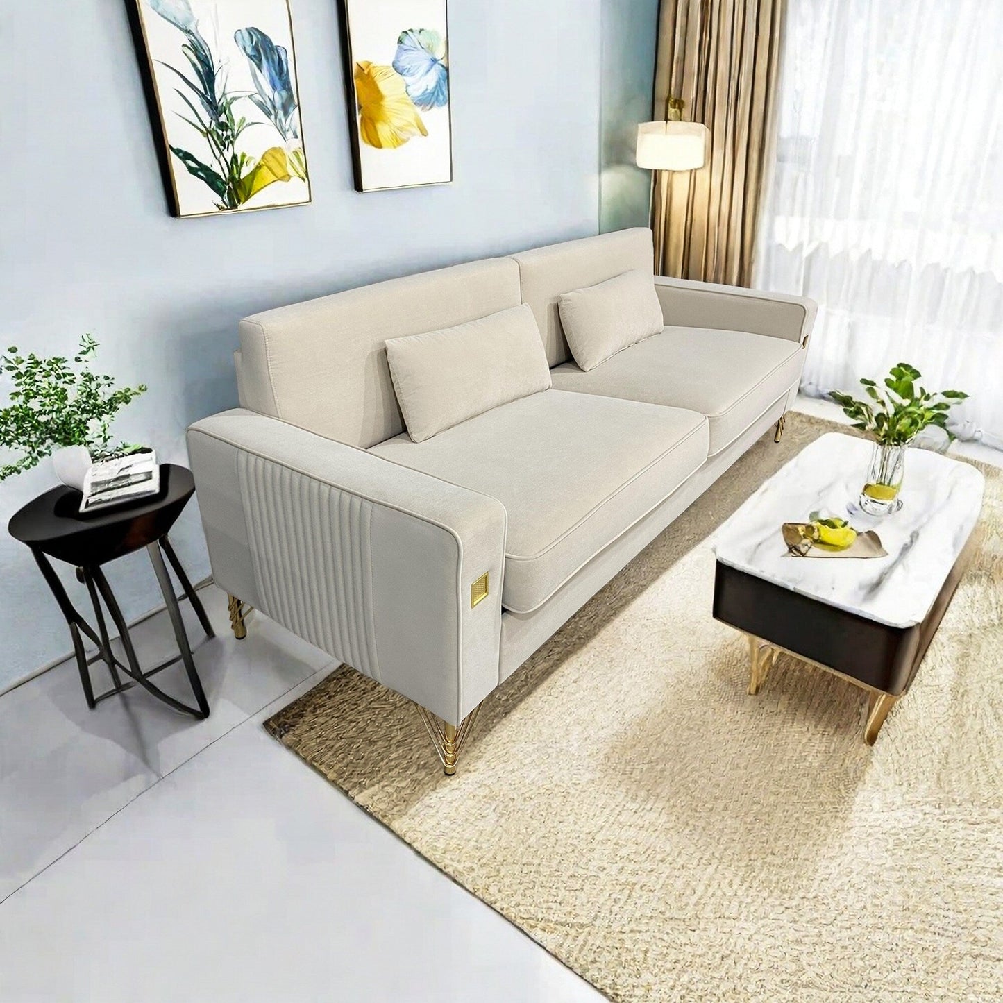 Divano a 3 posti in velluto con dettagli dorati