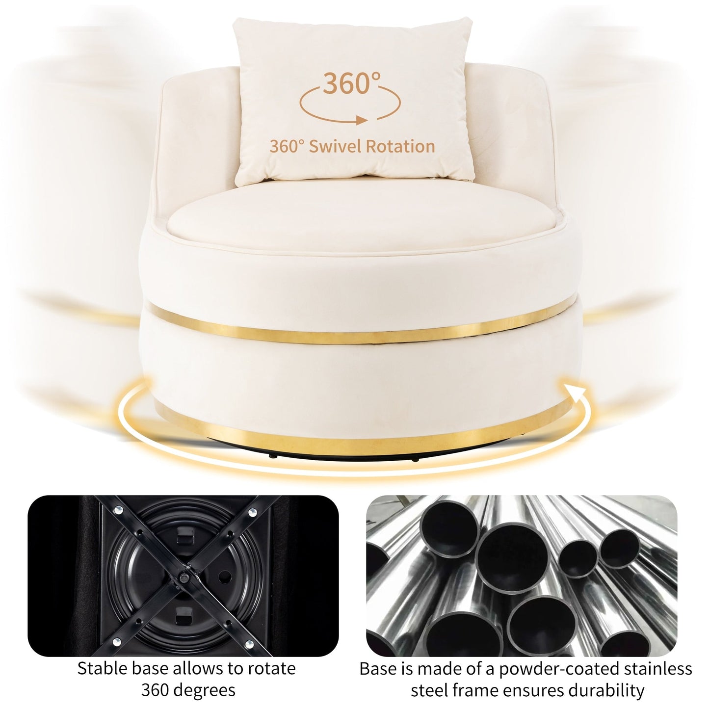 Poltrona girevole a 360° in velluto con cuscino di seduta, poltrona imbottita a botte con base in acciaio inossidabile, sedia da soggiorno