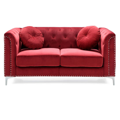 Divano a due posti imbottito in velluto con bottoni e cuscini decorativi - 62 - Rosso