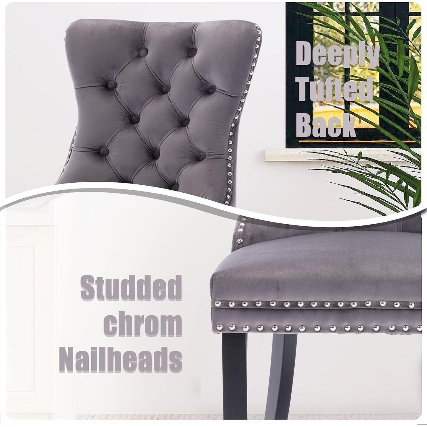 Set di 2 sedie da pranzo in velluto, sedie da pranzo trapuntate con schienale a borchie e anello di chiusura - 25,5×19,7×37,4 pollici