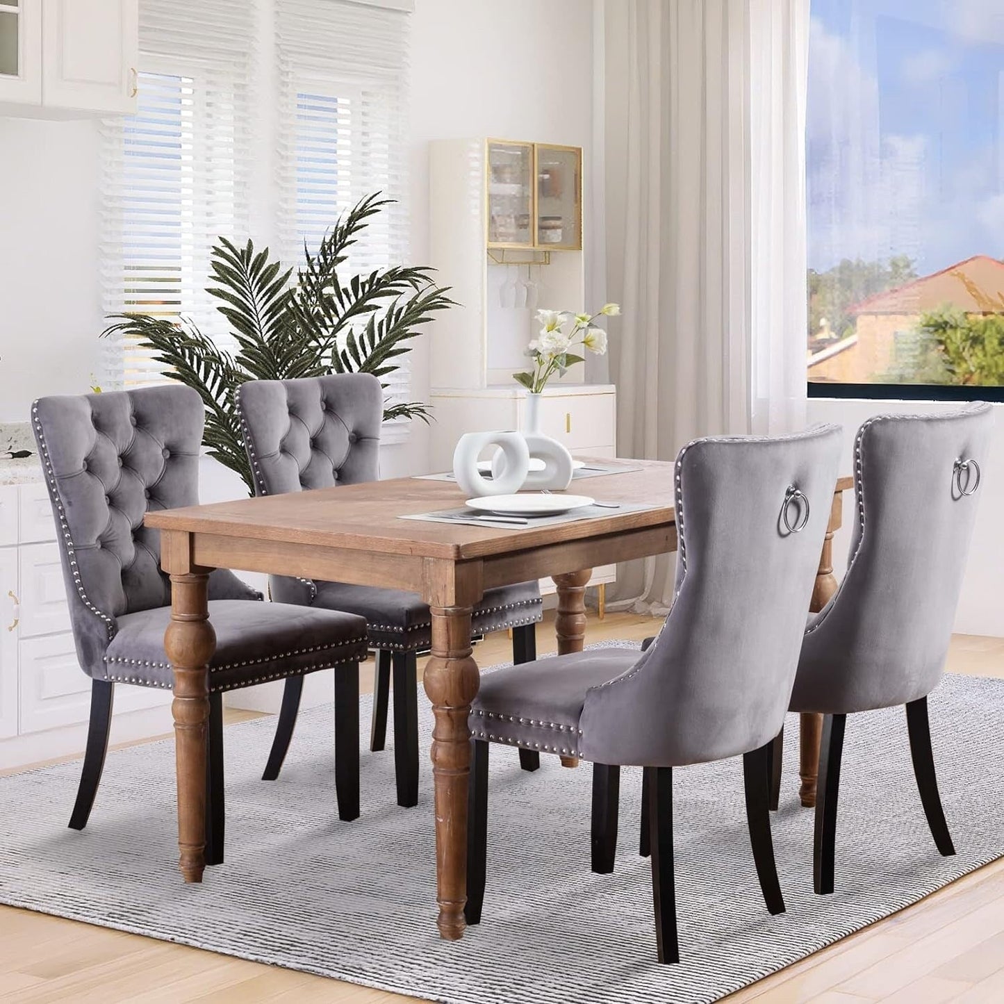 Set di 2 sedie da pranzo in velluto, sedie da pranzo trapuntate con schienale a borchie e anello di chiusura - 25,5×19,7×37,4 pollici