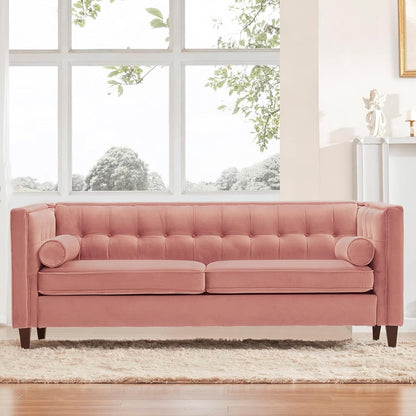 Divano a due posti in velluto con bottoni e cuscini di supporto