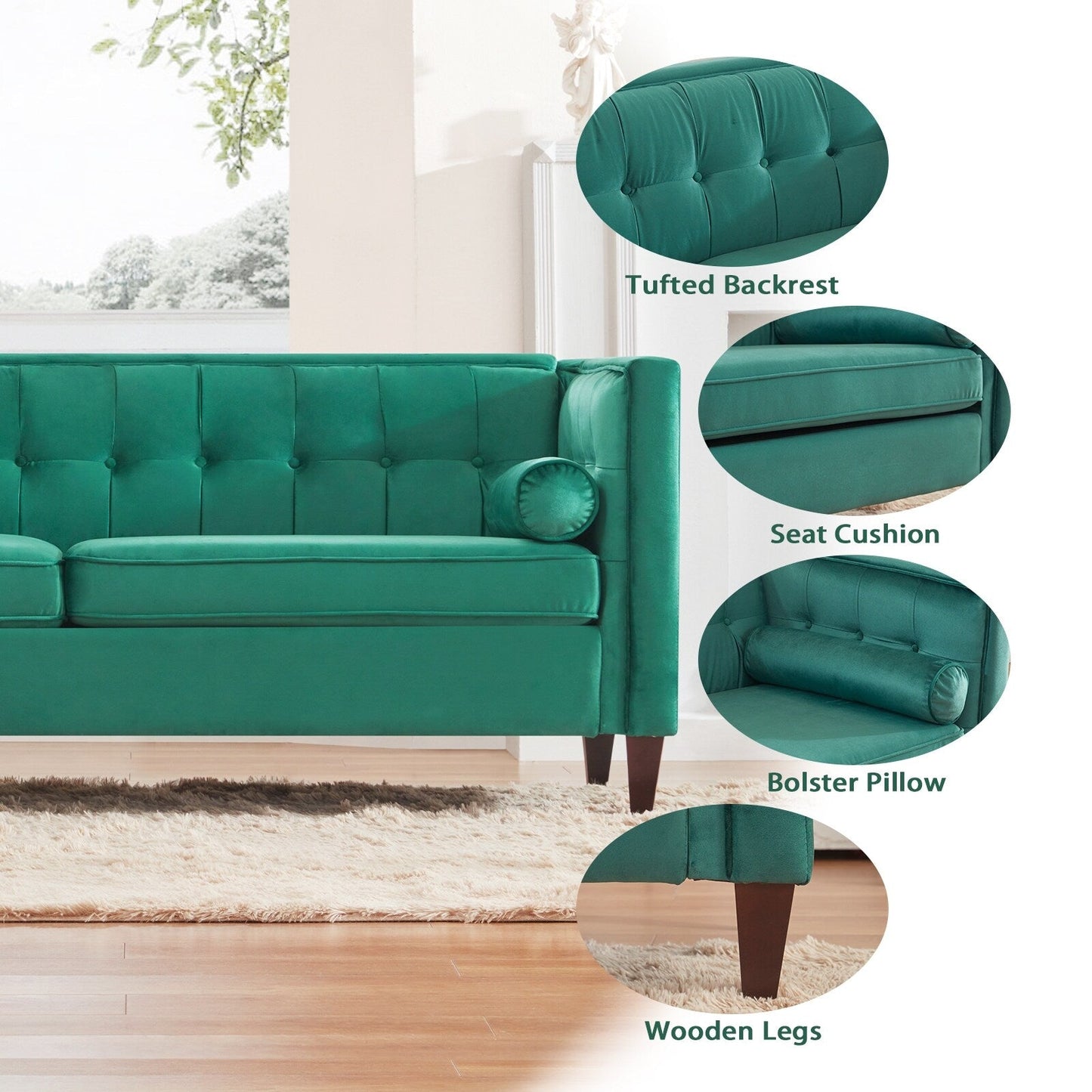 Divano a due posti in velluto con bottoni e cuscini di supporto