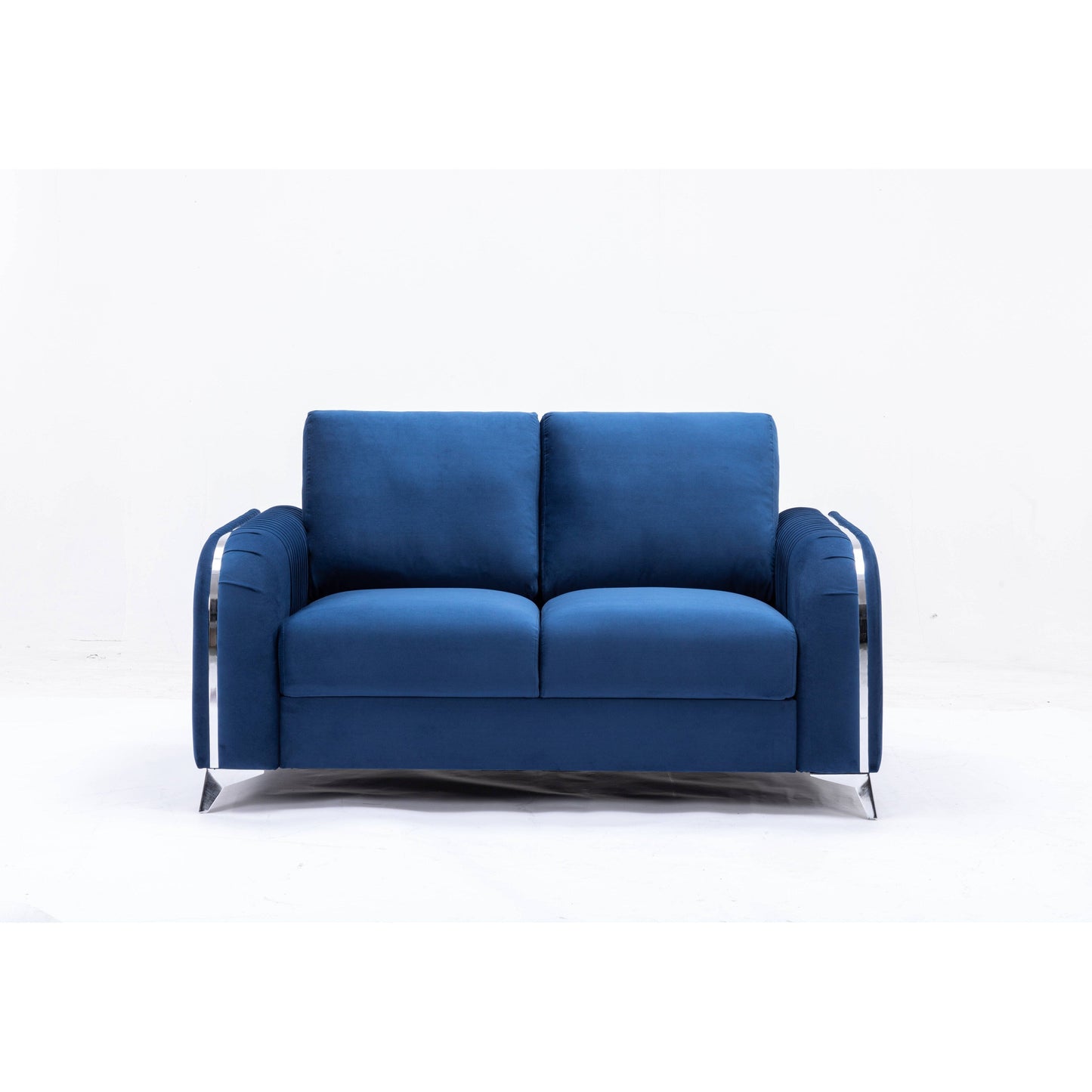 Divano a due posti in velluto con pieghe verticali e gambe cromate