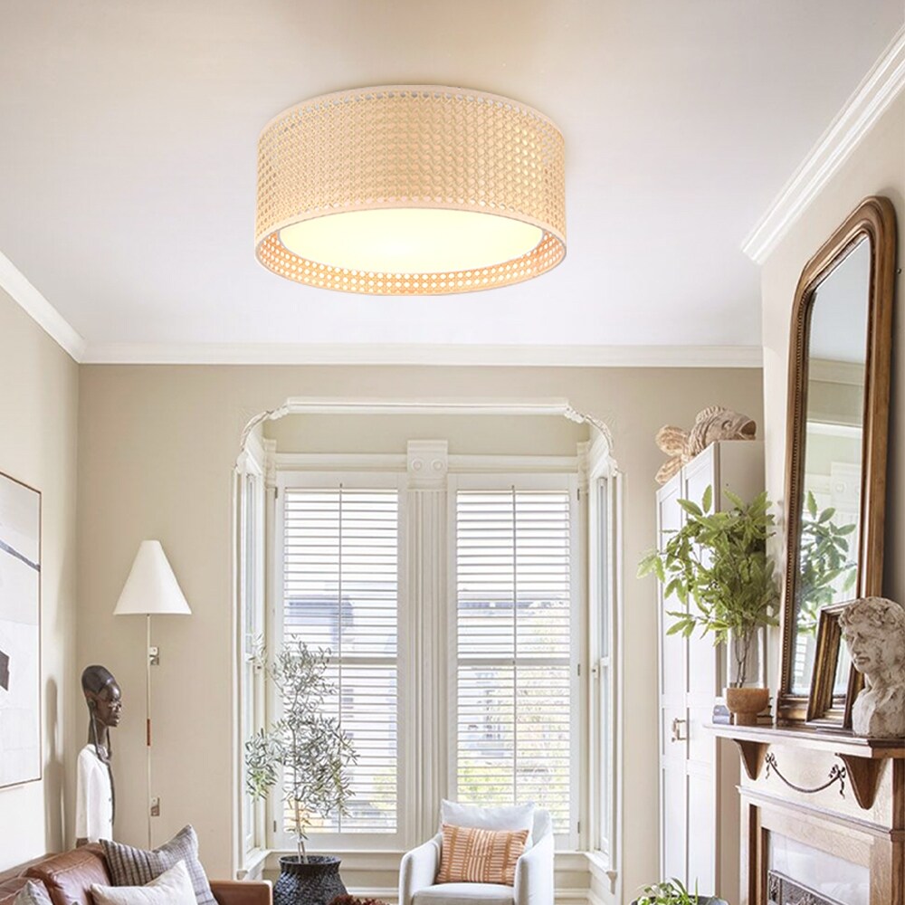 Lampada da soffitto moderna a 3 luci WINGBO con paralume a doppio tamburo in rattan e tessuto