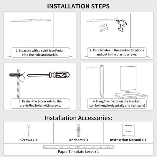 Specchio da parete, specchio da toeletta, specchio da bagno con angolo arrotondato (1 pezzo)