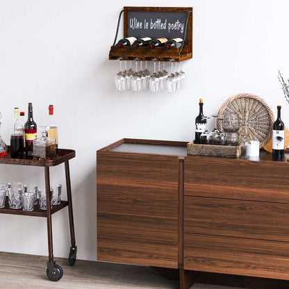 Portabottiglie da parete in legno Colmar Wallniture, portabicchieri, organizer per 4 bottiglie di vino, arredamento rustico per bar di casa