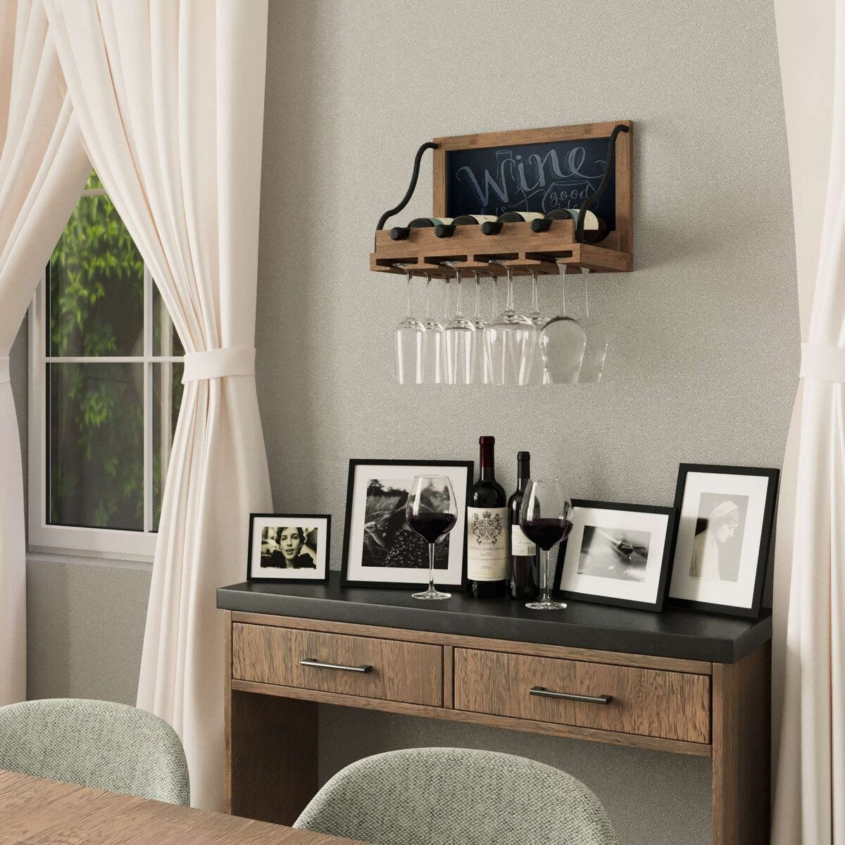 Portabottiglie da parete in legno Colmar Wallniture, portabicchieri, organizer per 4 bottiglie di vino, arredamento rustico per bar di casa