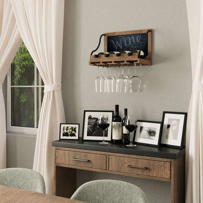 Portabottiglie da parete in legno Colmar Wallniture, portabicchieri, organizer per 4 bottiglie di vino, arredamento rustico per bar di casa