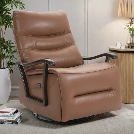 Poltrona reclinabile elettrica girevole resistente all'acqua con porta USB, braccioli in legno massello e funzione di oscillazione delicata