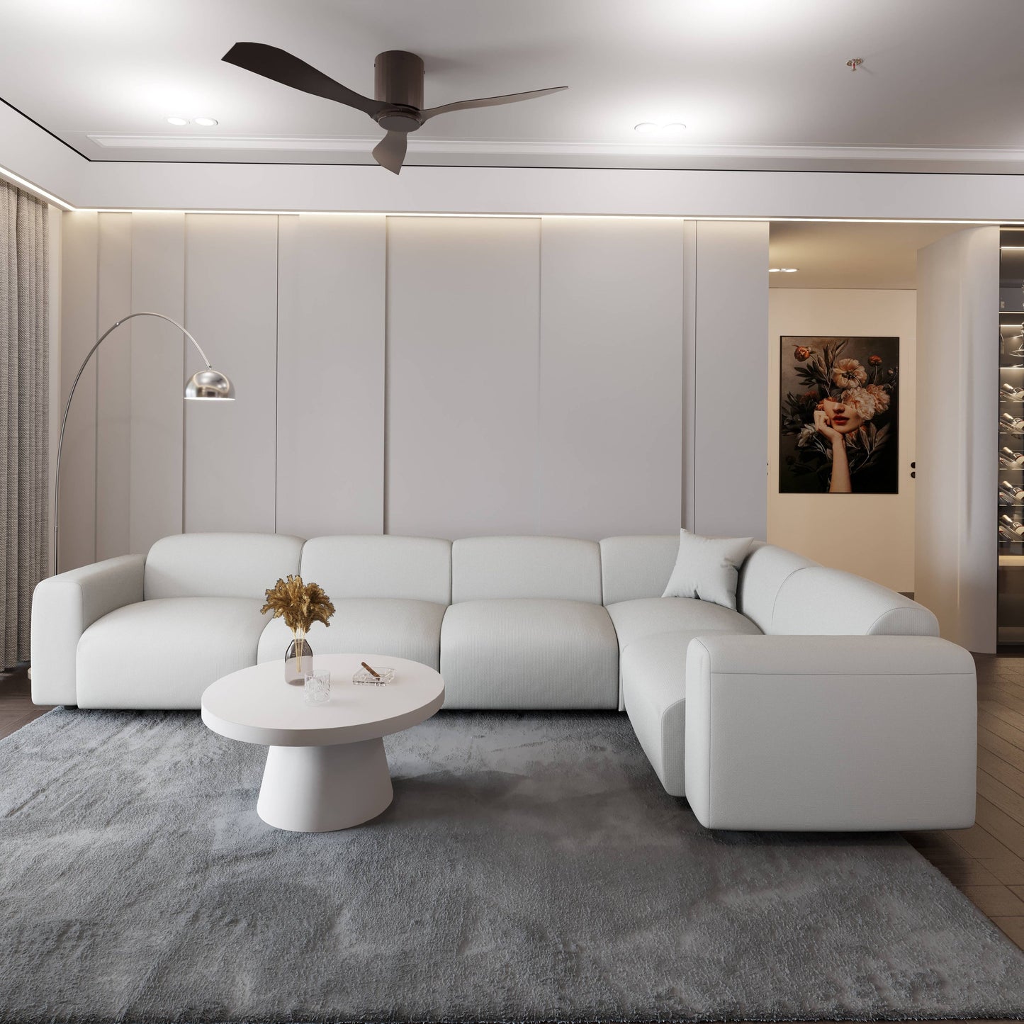 Set da conversazione imbottito Whisper con sedie modulari, braccioli agganciabili e pouf per soggiorno