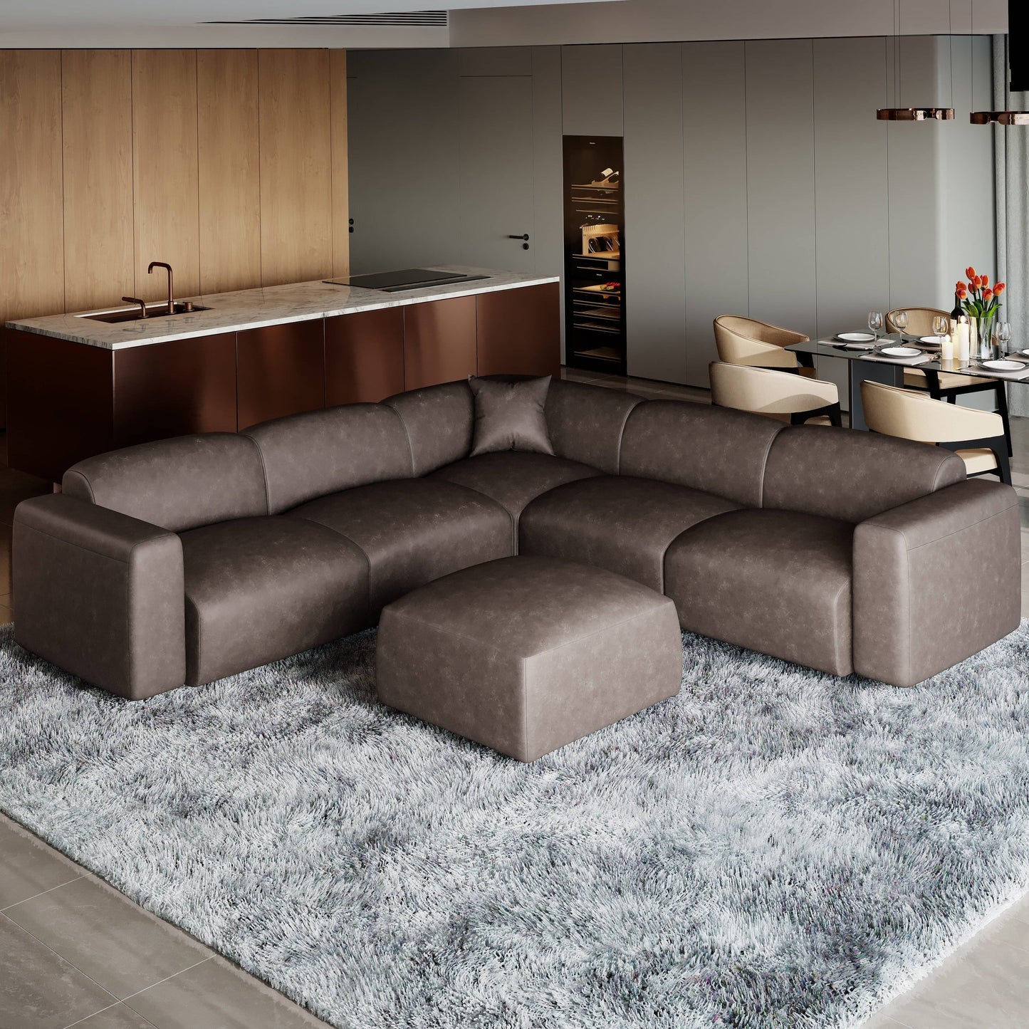 Set da conversazione imbottito Whisper con sedie modulari, braccioli agganciabili e pouf per soggiorno