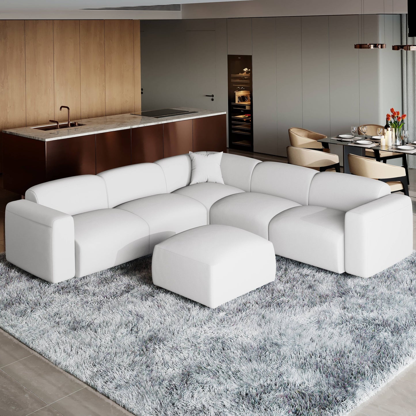 Set da conversazione imbottito Whisper con sedie modulari, braccioli agganciabili e pouf per soggiorno