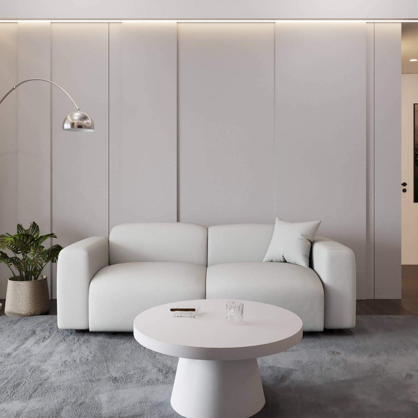 Set da conversazione imbottito Whisper con sedie modulari, braccioli agganciabili e pouf per soggiorno