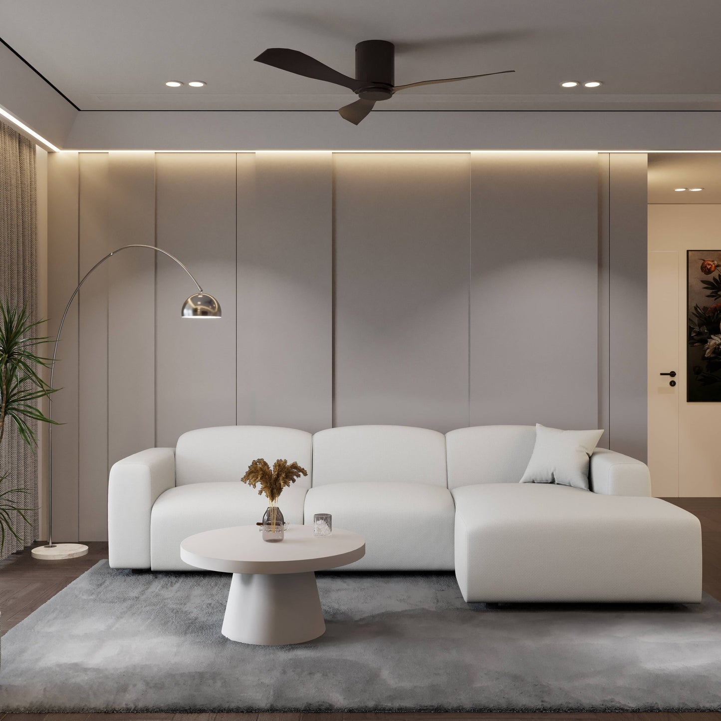 Set da conversazione imbottito Whisper con sedie modulari, braccioli agganciabili e pouf per soggiorno