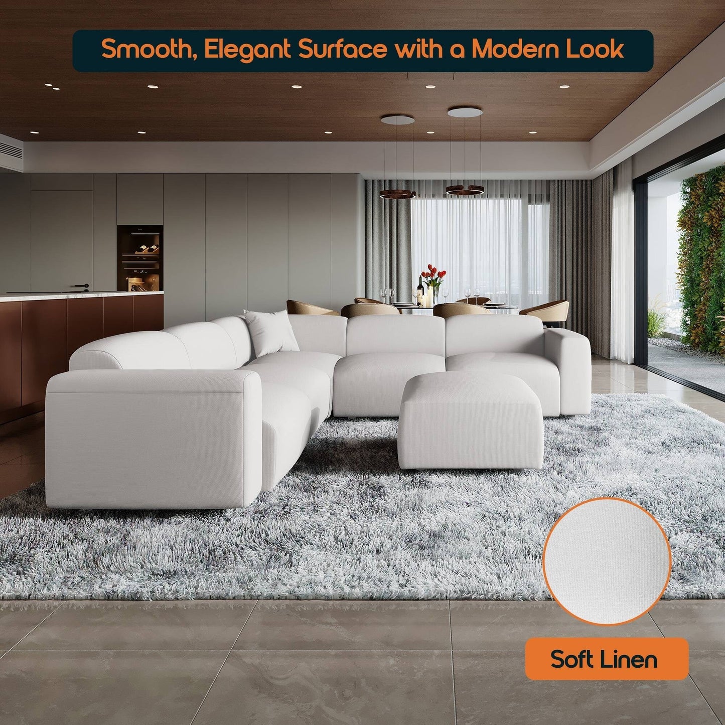 Set da conversazione imbottito Whisper con sedie modulari, braccioli agganciabili e pouf per soggiorno