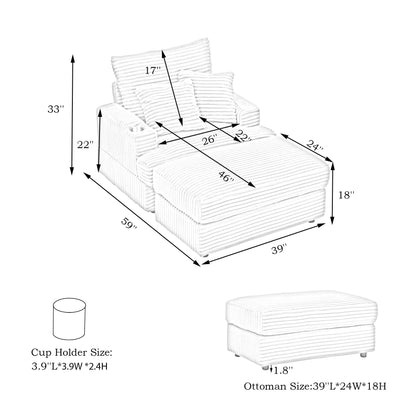 Divano singolo imbottito in velluto a coste bianco 39.37 con pouf e portabicchieri per soggiorno