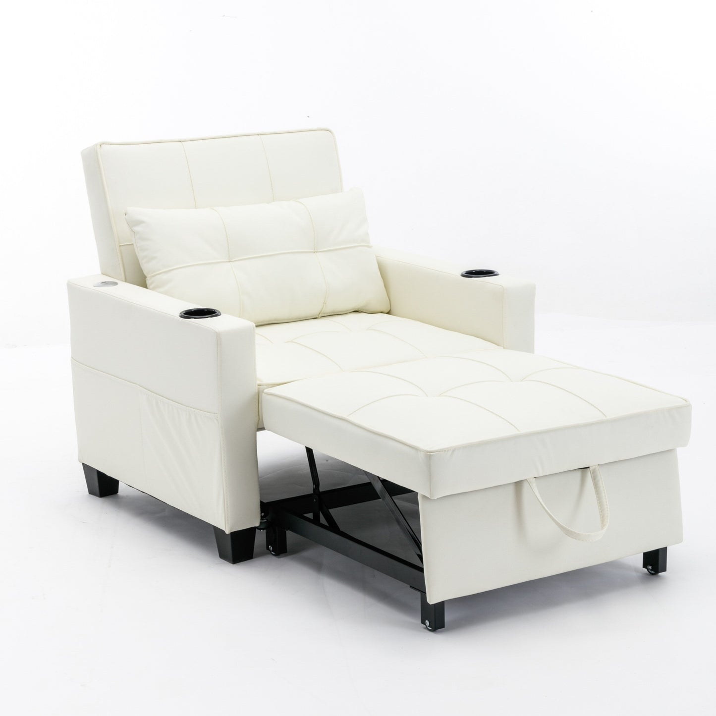 Divano letto singolo convertibile 3 in 1 in similpelle bianca 68.12 con porte USB e resistente all'usura per il soggiorno