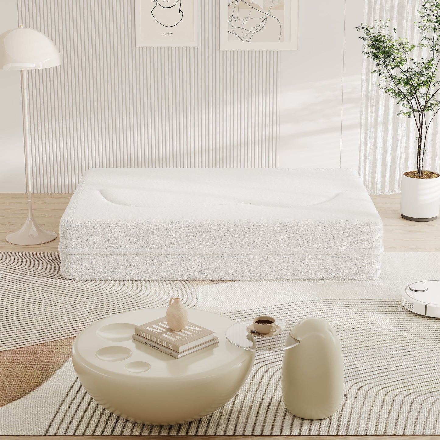 Divano letto trasformabile in tessuto Teddy bianco da 78 pollici, imbottito in schiuma, con 2 cuscini e materasso pieghevole per soggiorno