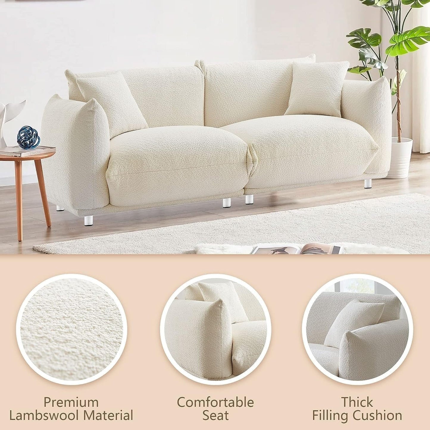 Divano a due posti oversize bianco da 87'' con gambe in metallo, struttura in legno massello, 2 cuscini, morbido e resistente