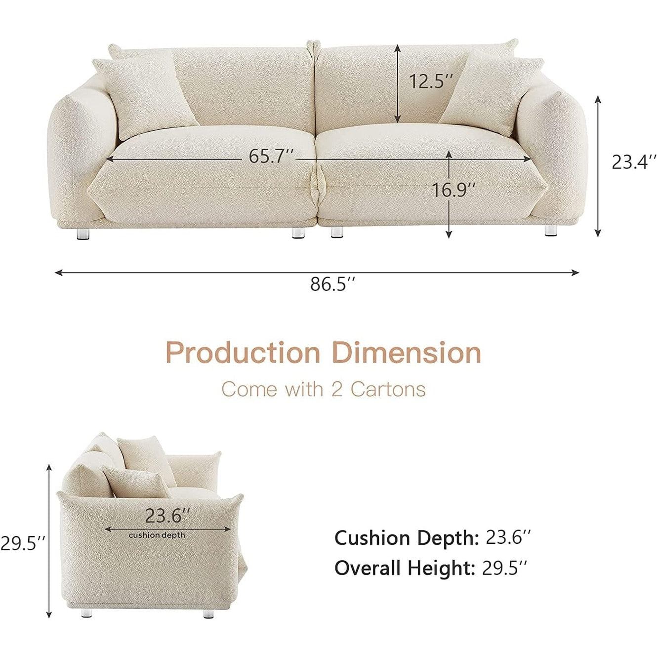 Divano a due posti oversize bianco da 87'' con gambe in metallo, struttura in legno massello, 2 cuscini, morbido e resistente