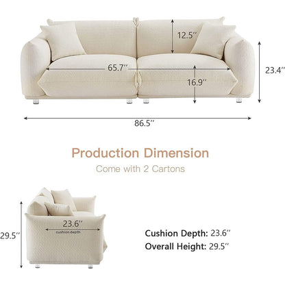 Divano a due posti oversize bianco da 87'' con gambe in metallo, struttura in legno massello, 2 cuscini, morbido e resistente