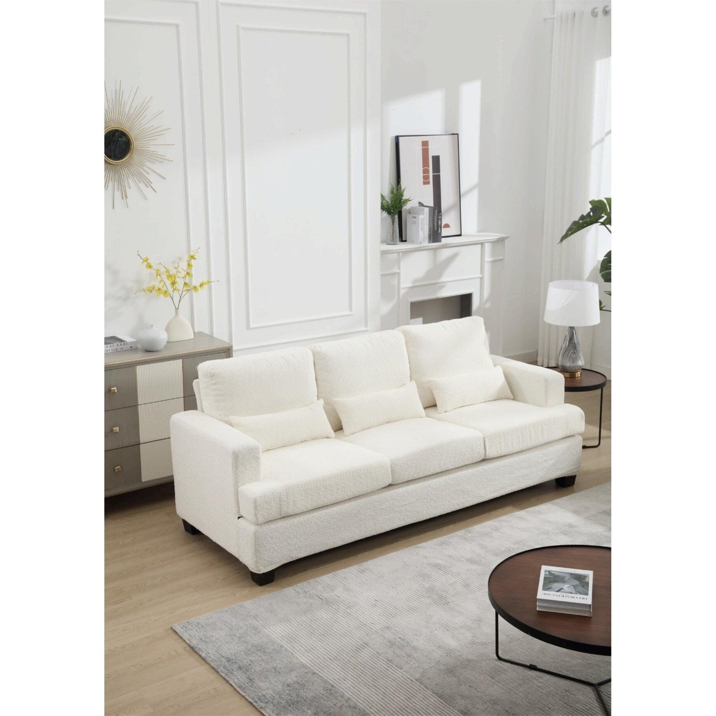 Divano moderno a 3 posti in tessuto bianco da 88,4'' con cuscini dello schienale rimovibili e struttura in legno massello