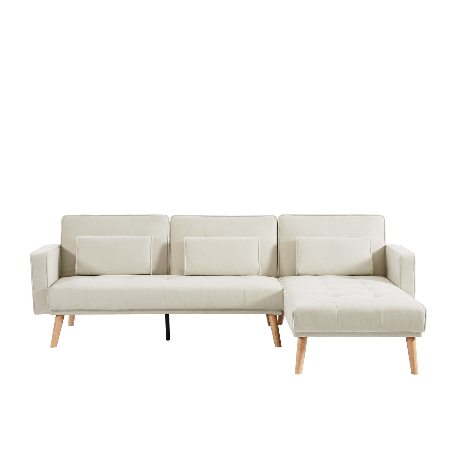 Divano trasformabile a L in lino bianco 94,5 con chaise longue destra, cuscini in schiuma e organizer portaoggetti